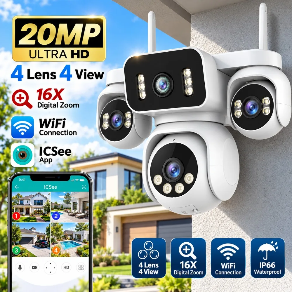 10K 20MP WiFi Camera Outdoor 16X Zoom 4 Lens 4 Screen PTZ Waterproof Night Vision Auto Track Security Surveillance Cameras CCTV