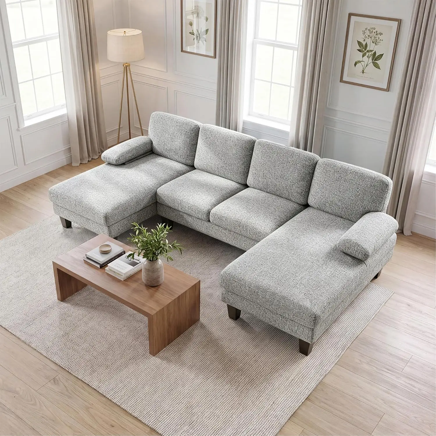 U Shaped Sectional Sofa with Removable Pillows for Living Room & Apartment, 4 Seat Modern Fabric in Light Grey, Customized