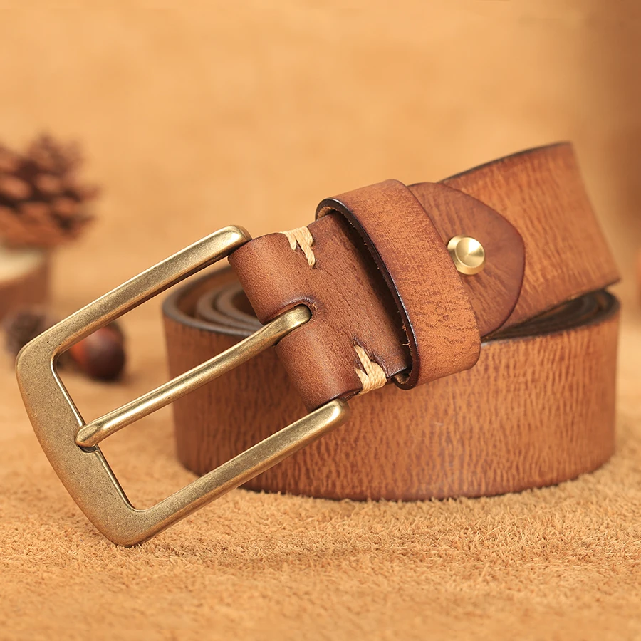 Ceinture en cuir véritable hommes à la main Vintage boucle en cuivre hommes ceintures haut tendance qualité peau de vache mâle sangle pour jean