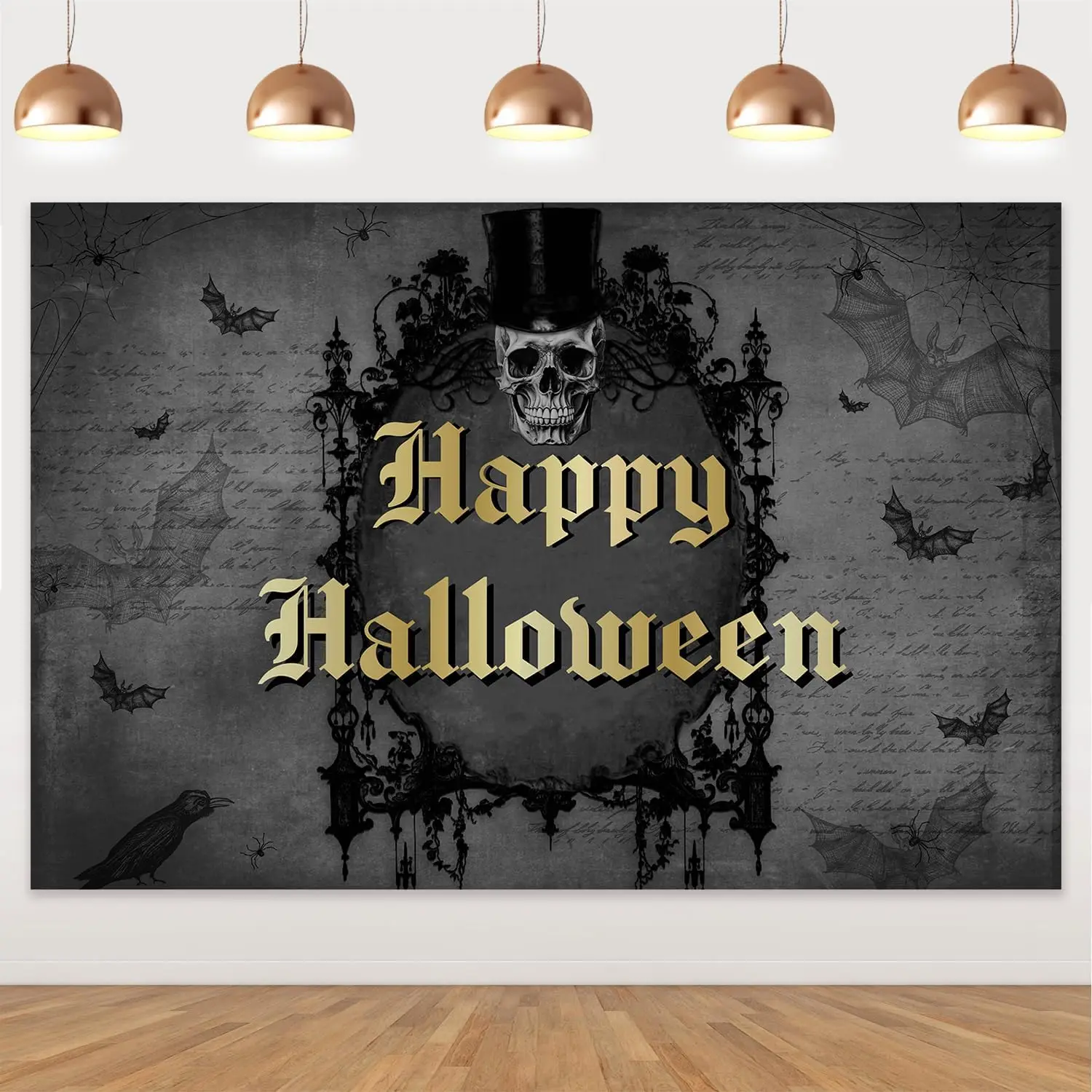 

Retro Skull Gentleman Halloween Themed Happy Halloween Birthday Backdrop Halloween Party Decor Black Gold Bat Photo Background