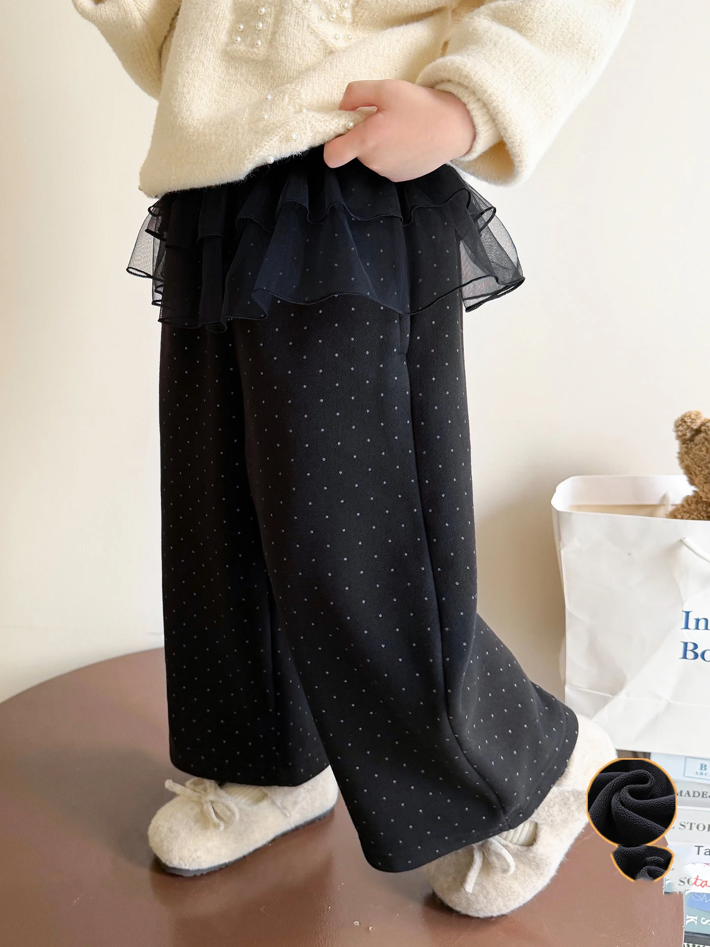 

Детские штаны для маленьких девочек, новые зимние утепленные штаны в горошек для маленьких девочек, прямые штаны, повседневные сетчатые плюшевые штаны для маленьких девочек