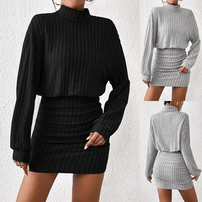 2026 Autumn/winter New Women's Slim-fit Fashion Ribbed High-neck Body Long-sleeve Clothes Summer Maxi Dress Vestidos Femme Maxi