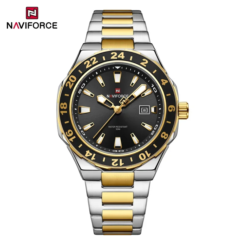 NAVIFORCE NF9249 Reloj luminoso con correa de acero inoxidable minimalista clásico con indicador de fecha de cuarzo informal para hombre
