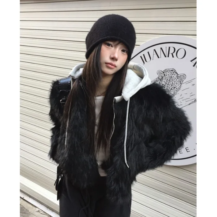 Warmth And Style Faux Fur Knitted Patchwork Coat Sweet Atmosphere Design Autumn Winter Outerwear for Young Women Casual Style