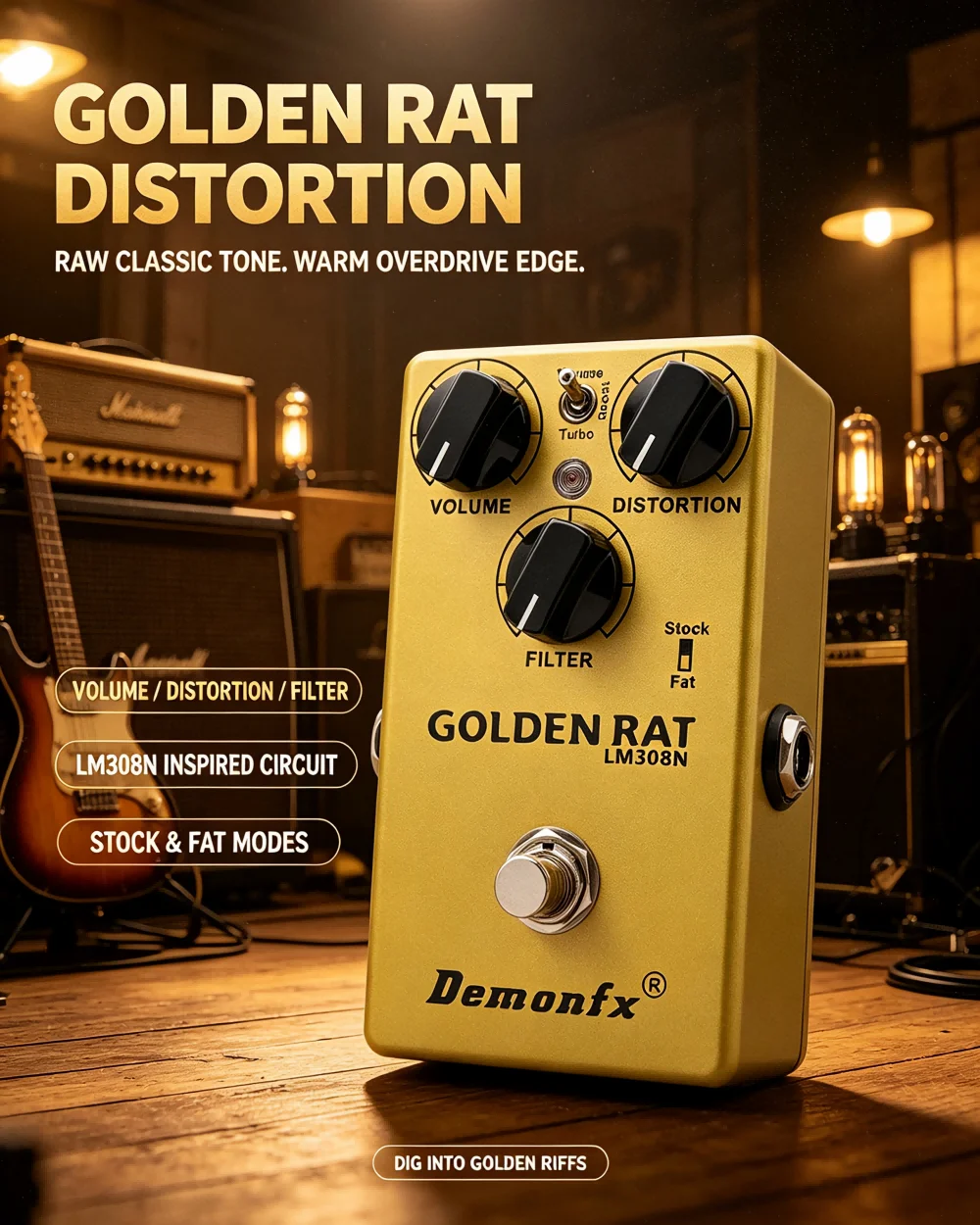 DEMONFX GOLDEN RAT GUITAR EFFECT PEDAL RAT DISTORTION ARENA-ROCK RHYTHM TONES SOARING LEADS CRUNCH CHANNEL FOR LOUD AMPS A BOOST