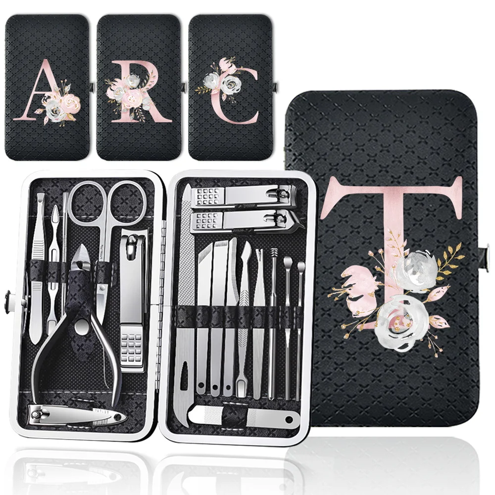 

19 Pcs Versatile Nail Clippers Set Storage Box Travel Nail Clippers Set Personal Care Pedicure Kit Pink Flower Letter Pattern