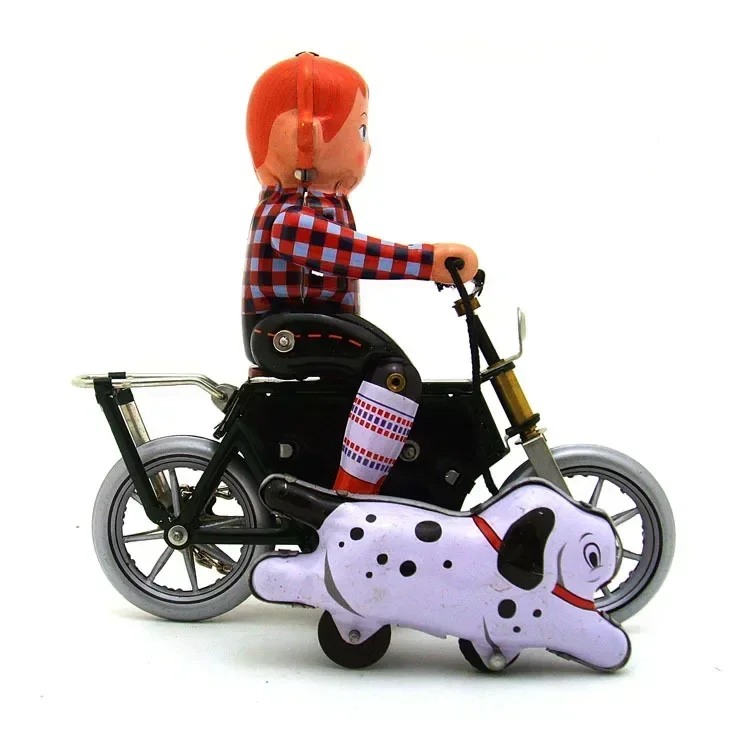 

Adult Collection Retro Wind up toy Metal Tin The boy walk the dog by bike motorcycle Clockwork model kids gift