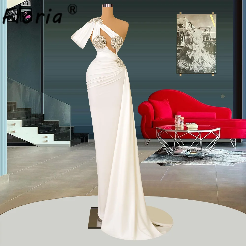 Vestidos de casamento sereia branca cetim com pedras de cristal, Vestido de noite formal, Vestidos longos, Cortado sem mangas, Elegante