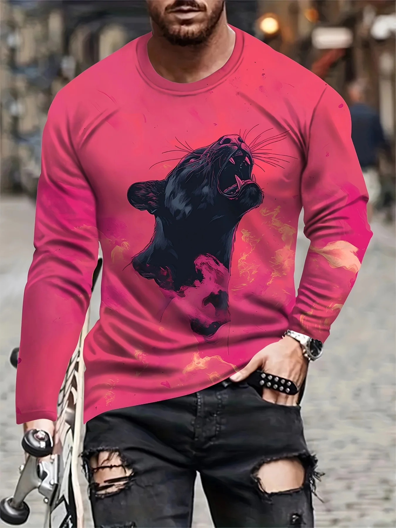 2026 New Wolf-Print Men's Long-Sleeve T-Shirt | Spring/Fall Casual T-Shirt for Men Street-Style Men's Long-Sleeve T-Shirt