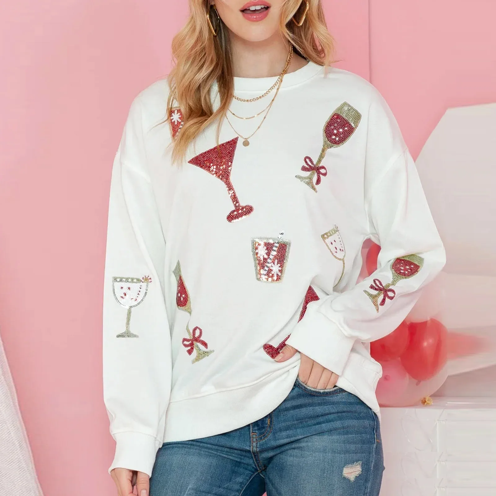 Women’s Christmas Sweatshirts Glitter Wine Glasses Print Long Sleeve Crew Neck Pullovers Oversized Tops
