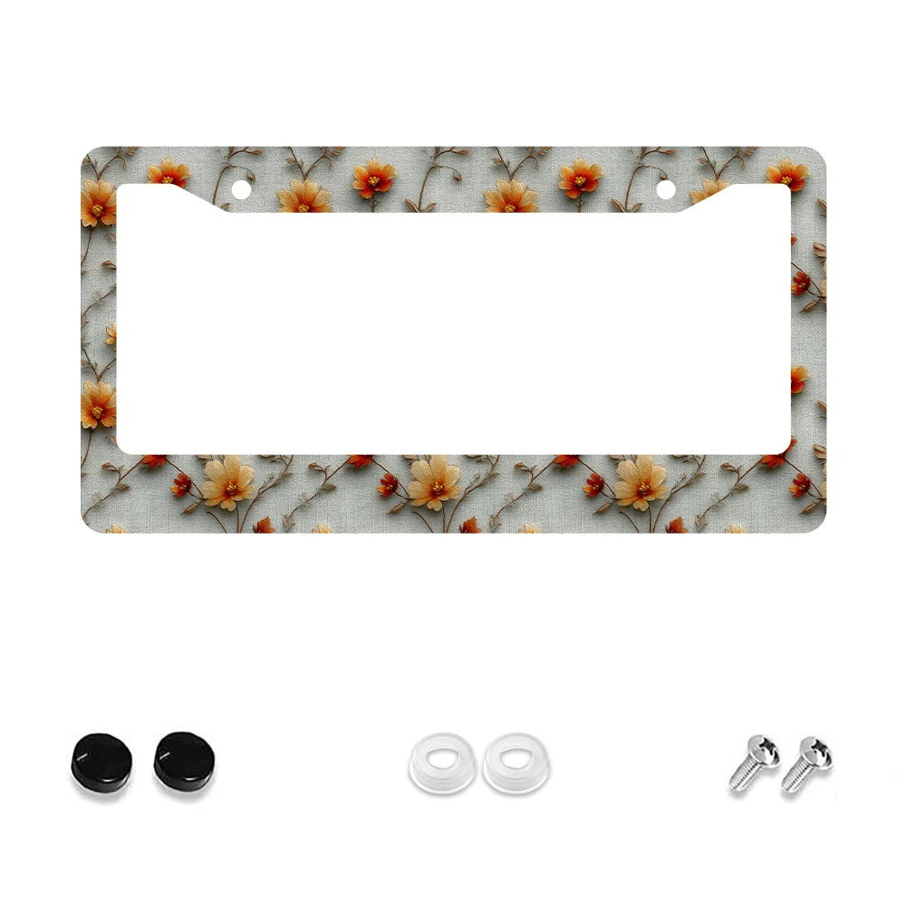 

1pc Orange Floral Pattern 2-Hole License Plate Frame, Aluminum Material, 6x12 Inches with Screw Kit, Retro Car Decoration Gift,