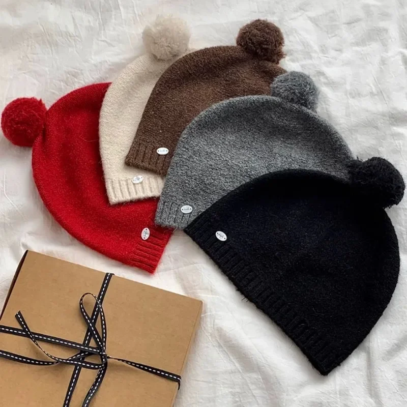 Winter Atmosphere Niche Simple Solid Color Knitted Hats for Women Outdoor Leisure Warm Versatile Cute Pom-pom Beanies Cap image 4