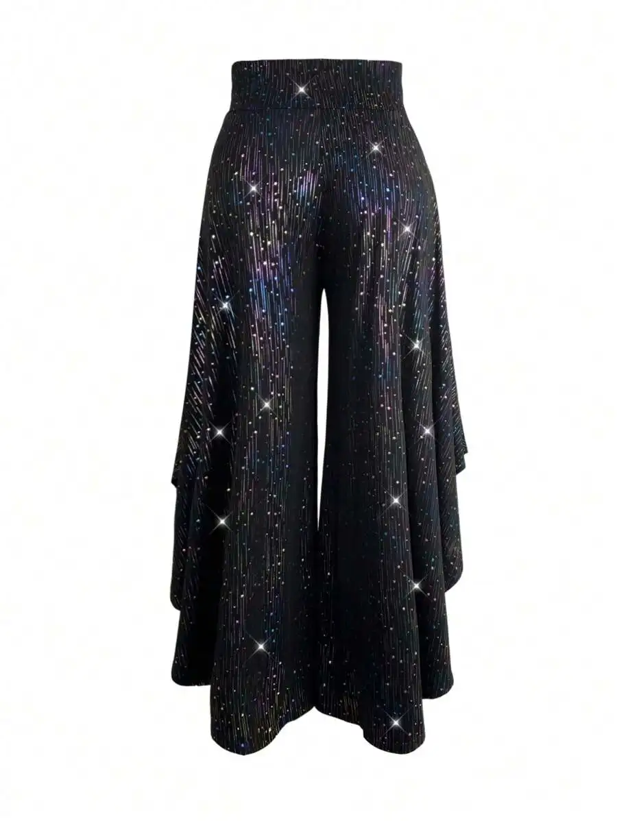 Plus Size Women Shiny Printed Asymmetric Hem Wide Leg Pants
