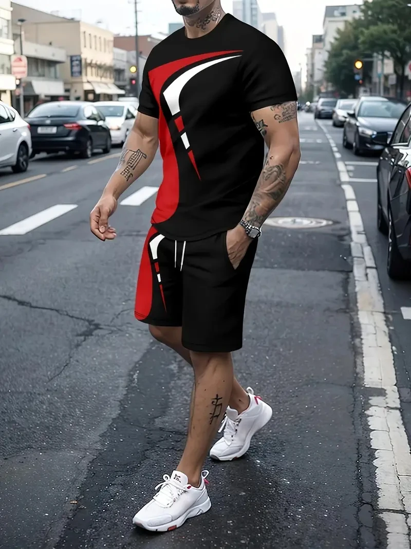 2024 Summer Men's Sportswear Suit Trendy Fashion Sportswear Men's Two-piece Casual Short-sleeved T-shirt + Shorts Plus Size