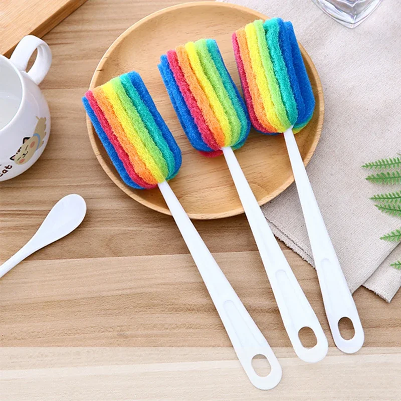 Rainbow Sponge Baby Bottle Pacifier Brush Wash Water Cup Container Sponge Cleaning Brush Scrubber with Handle Cleaning Utensils