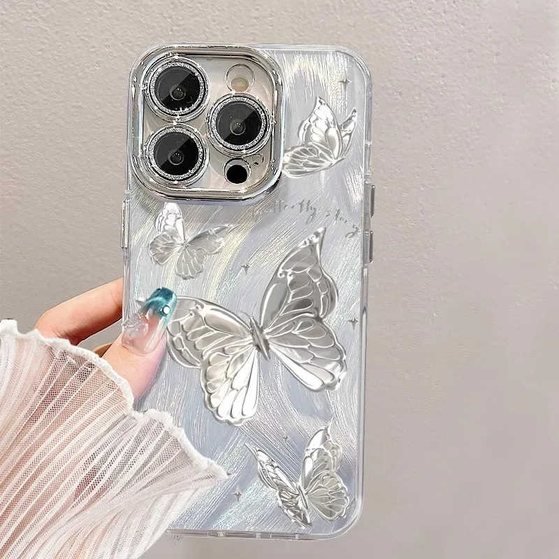 Luxury Laser Silver Butterfly Phone Cases for iPhone 16 Pro Max 11 12 13 14 15 Pro 7 8 Plus XSMax X XR Goggles Shockproof Cover