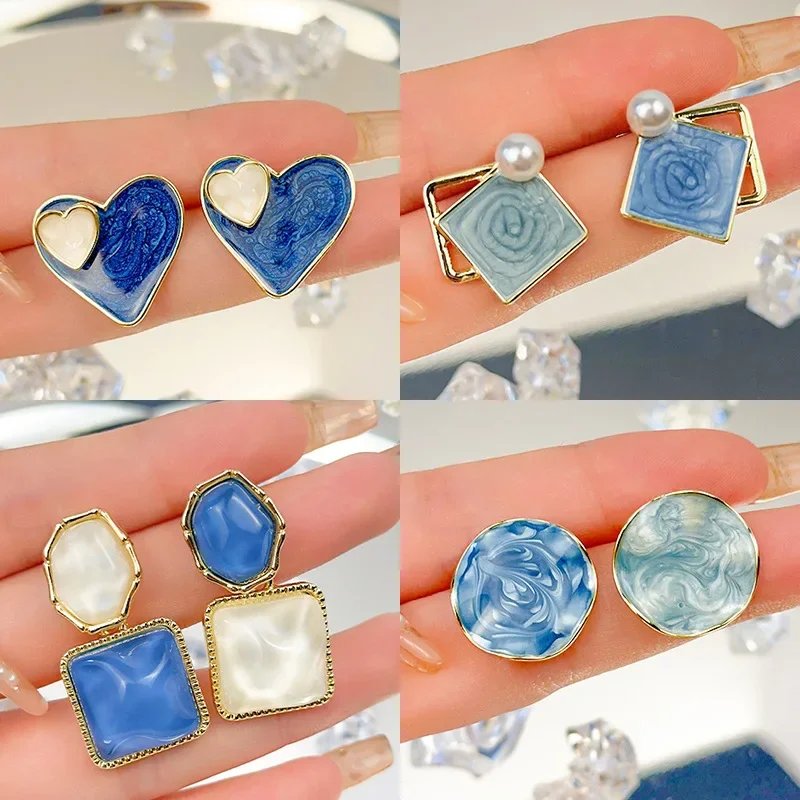 New Korea Trendy Classic Klein Blue Irregular Geometric Circle Enamel Drop Dangle Earrings for Women Heart Hoop Earring Jewelry
