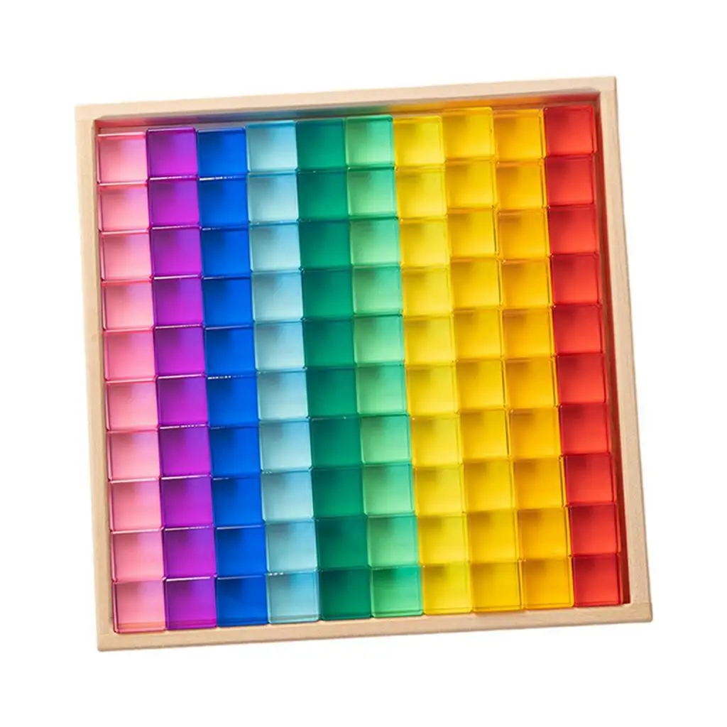 Rainbow Cube Blocks Set for Kids Building Blocks Montessori Toys Acrylic Gemstone Stacking Game Color Learning Wooden Storage