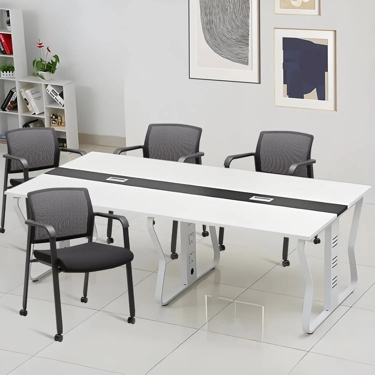 Rolling Conference Room Chairs Set of 8, Stackable Office Guest Reception Chair with Armrests and Wheels, Mesh Back Waiting Room