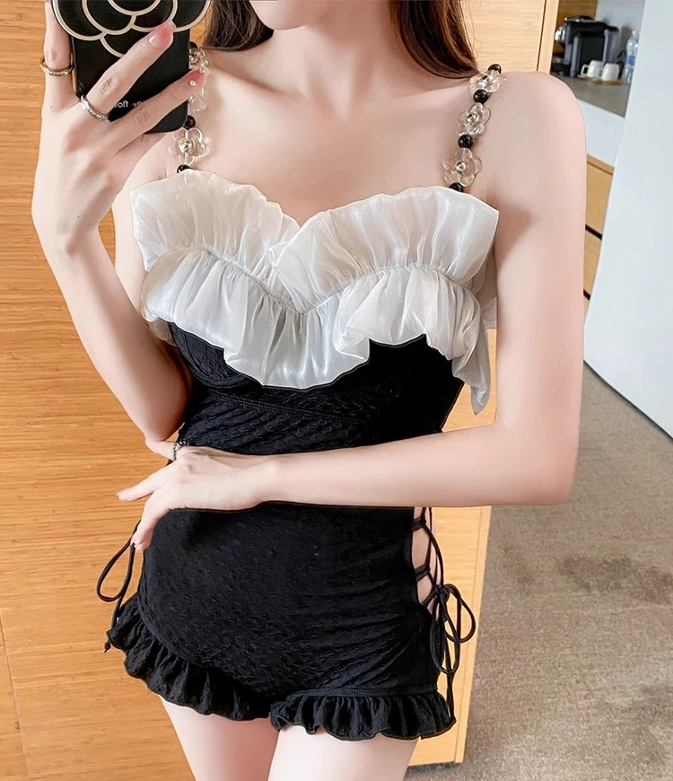 Traje de baño de una pieza con volantes y cuello cuadrado para chica, traje de baño elegante y Sexy con cintura lateral, traje de baño conservador con cordones para vacaciones 2025