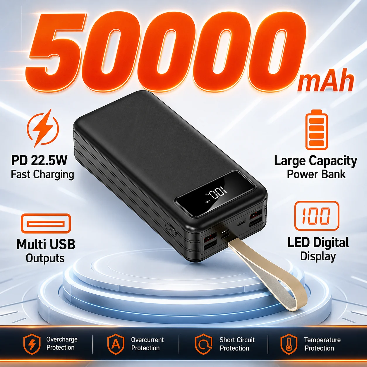 50000mAh Power Bank Built-in Cables Fast Charging Portable Charger External Battery for iPhone Samsung Xiaomi Android