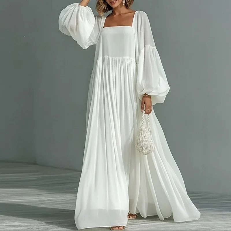 Fashion Square Neck Lantern Sleeve Long Dress Women Summer Dresses Casual Swing Hem Maxi Dress