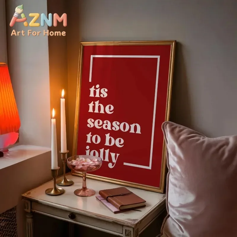 AZNM Tis The Season To Be Jolly Christmas Canvas Wall Art Red Background Minimalist Quote Winter Holiday Home Decor Unframed Can