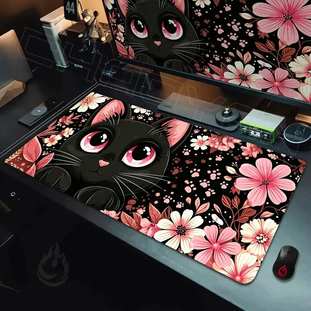 Pink Flowers and Black Cat Mouse Pad Large Computer Office Game Table Mats Rubber Anti-slip XXL Mouse Mat HDP Long Desk Pads