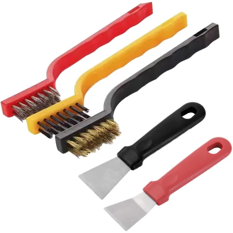 

5Pcs Kitchen Stove Cleaning Brush + Scraper Tool Set, Heavy Duty Scraper for Gas Burners Cooktop Pot Pan Brass, Stainl