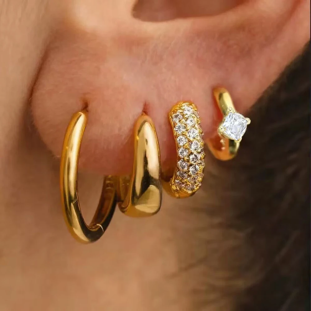 4Pcs Little Crystal Zirconia Hoop Earrings Set Cute 18K Gold Plated Chunky Ellipse Earrings Cartilage Earrings Piercing Jewelry