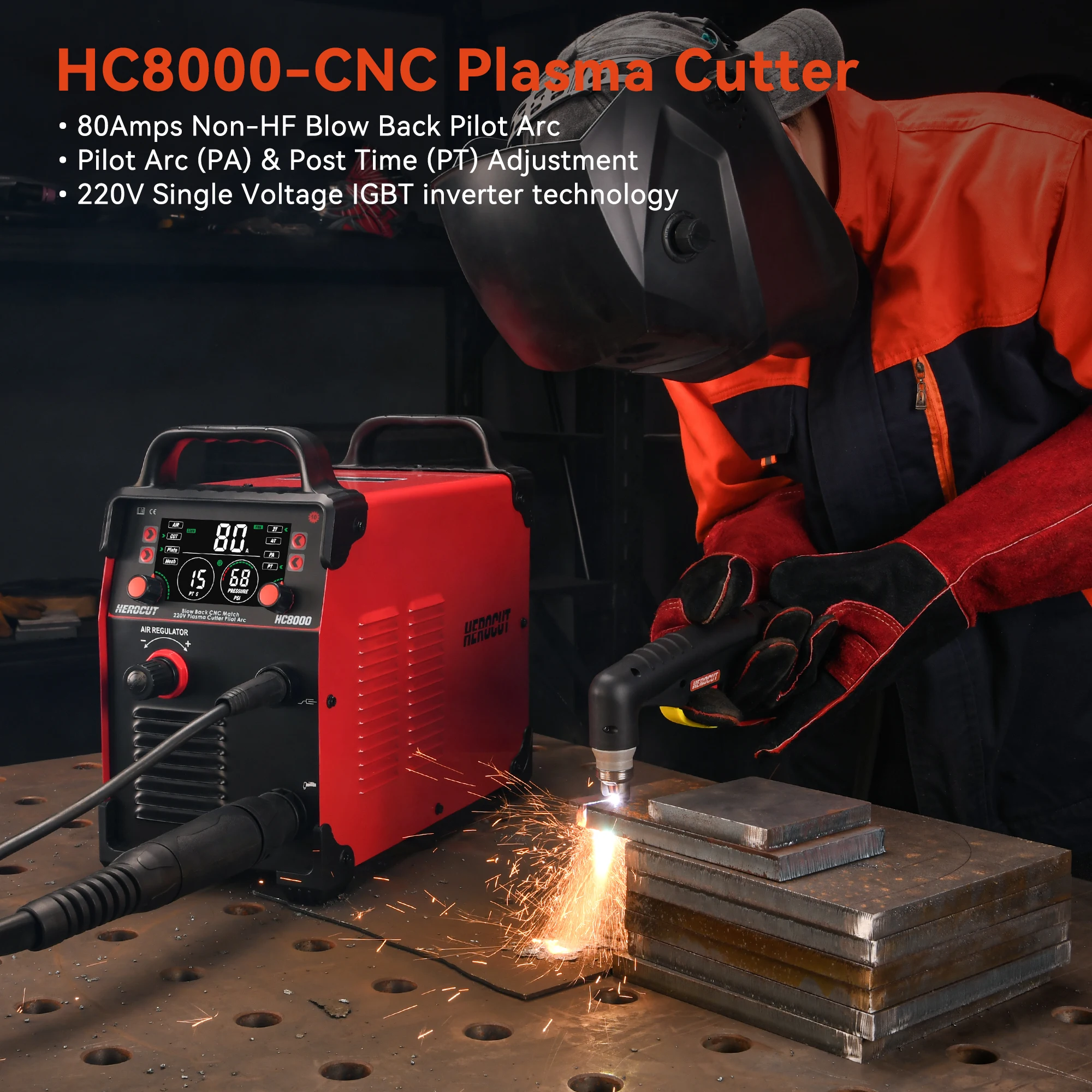 CNC Pilot Arc Plasma Cutter HC8000 80Amps ضربة الظهر آلة قطع غير HF مع شاشة رقمية، تمكين التحكم في ارتفاع الشعلة THC