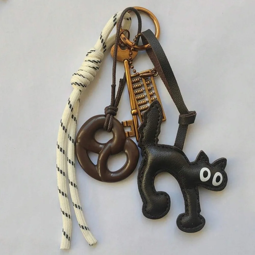 Korean Style PU Leather Cat Keychain Cute Doll Retro Woven Pendant Pretzel Bread DIY Lanyard Pendant For Women Bag Pendant
