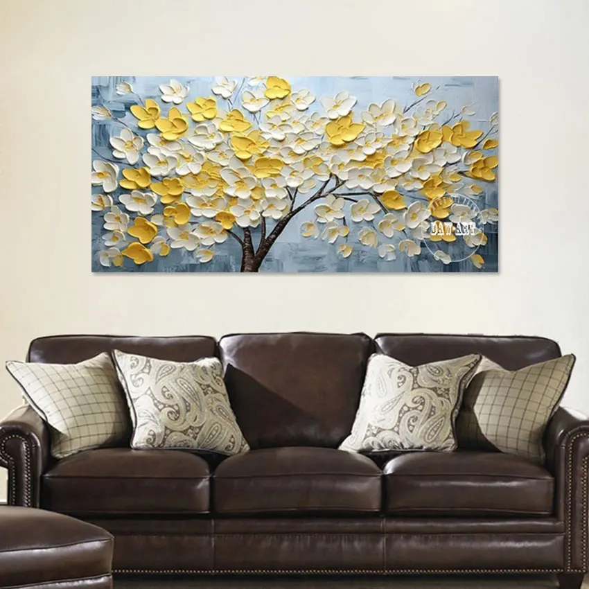 

Abstract Knife Oil Paintings, Sleeping Room Decor,Frameless Flowers Art Picture, Acrylic Yellow White Textured Design Wall