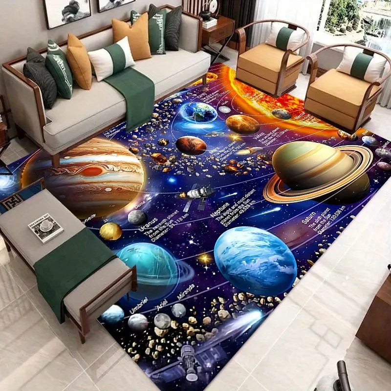 2D Solar System Planet Star Deep Space Print Large Area Rug Soft Flannel Non Slip Floor Carpet for Living Room Space Home Decor