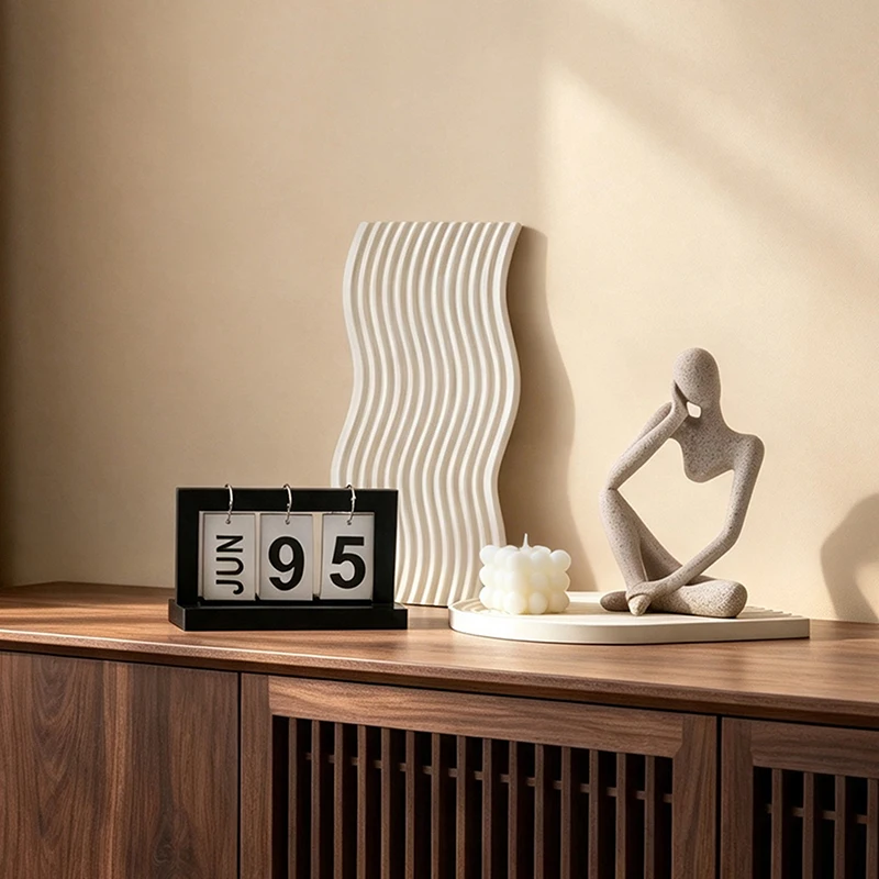 Minimalist Abstract Resin Decor Set Thinker Figurine Perpetual Calendar Wave Ornament for Living Room Study Tabletop Home Gift