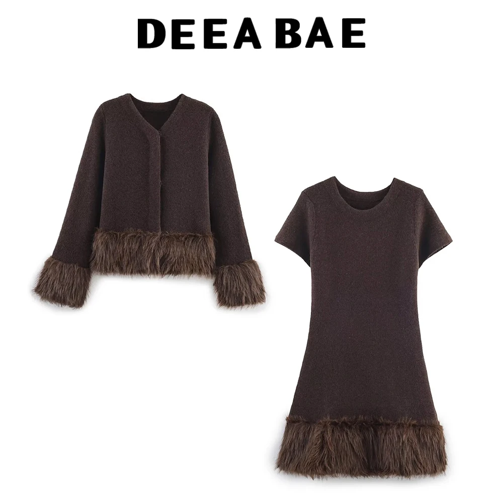 DEEABAE Autumn New Women's Clothing European and American Artificial Fur Effect Splicing Knitted Coat Knitted Dress Set