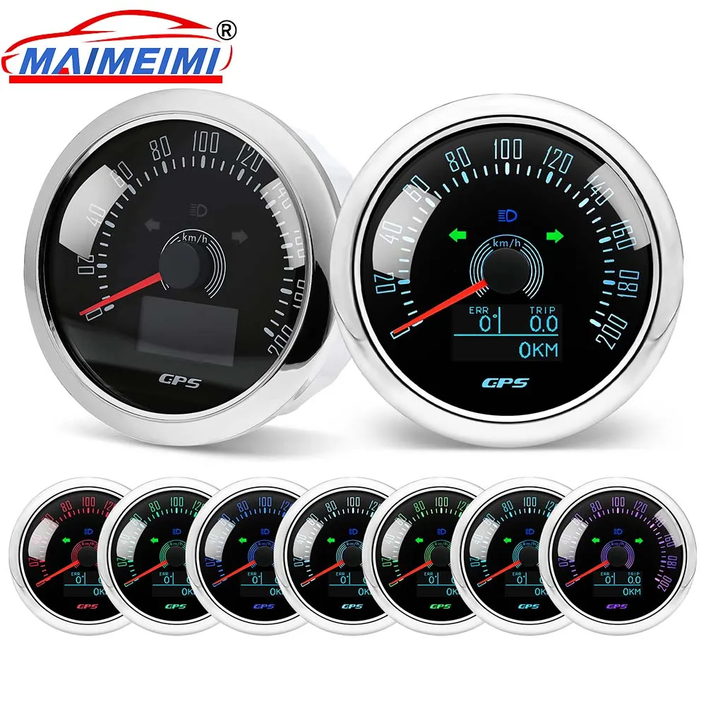 Boat GPS Speedometer Gauge 7 colors backlight 0-200kmh Speed Meter 85mm LCD Digital pointer Car Gauge