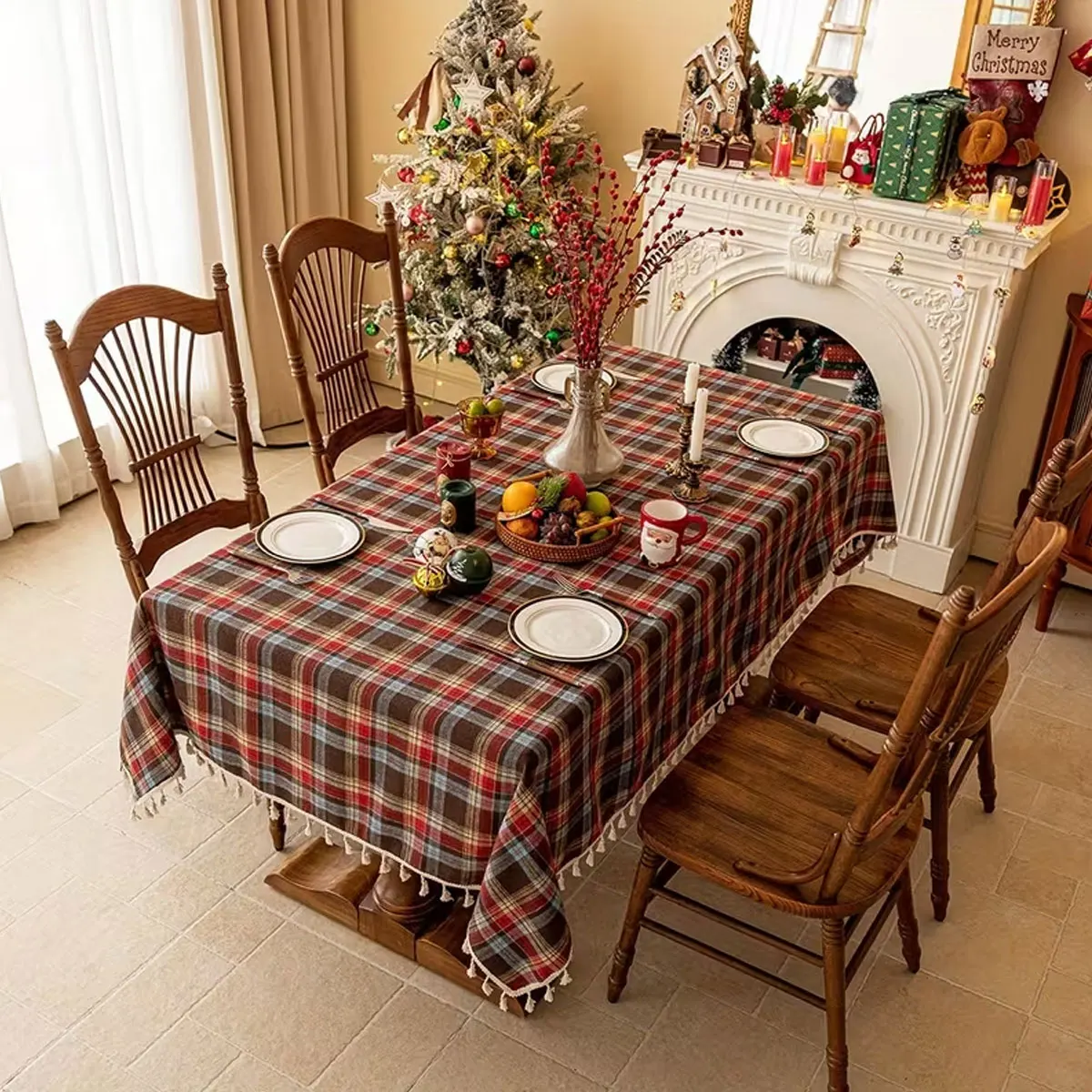 Christmas Retro Checkered Rectangular Tablecloth, Kitchen Dining Room, Party Dinner, Holiday Party, Autumn And Winter Decoration