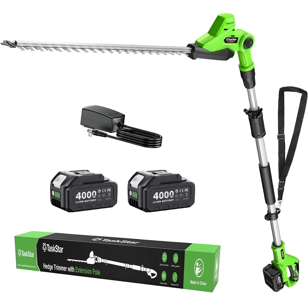 TaskStar Kabelloser Hochreichender Heckenschneider 20 Zoll Doppelklingen-System 8 FT Elektrische Heckenschere mit 2er-Pack 4000mAh Akku Busch- und Strauchschneider