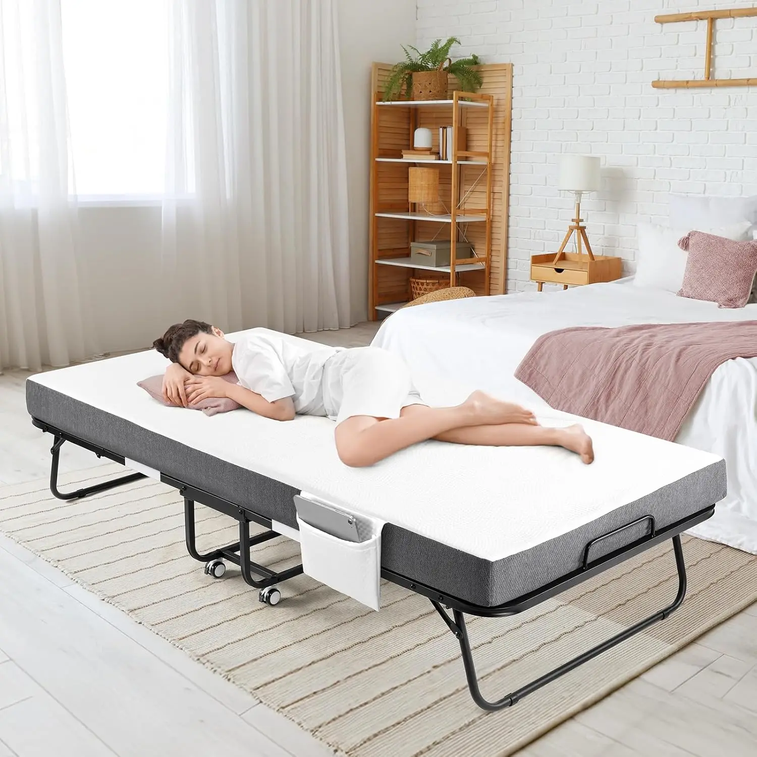 Cama dobrável portátil com colchão - Cama dobrável de tamanho duplo de 75" x 38" com colchão, com tapete luxuoso de espuma viscoelástica de 4 polegadas de espessura