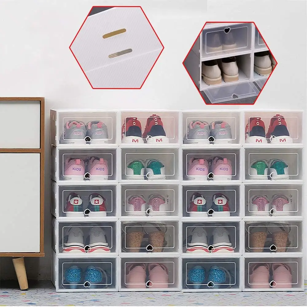 

20PCS Shoe Storage Boxes Clear Plastic Clamshell Shoebox Stackable Shoe Organizer Foldable Display Box Container Space Saving