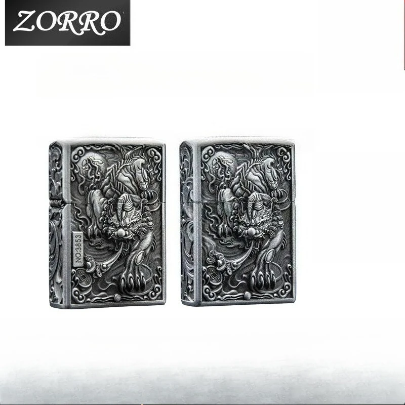 ZORRO Retro Chinese Style Metal Kerosine Grinding Wheel Lighter 3D Three-dimensional Double-sided Relief Cigarette Lighter Gift