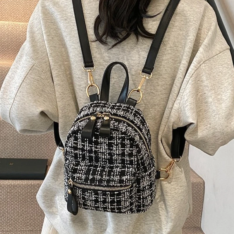 Winter Women Backpack Korean Celebrity Tweed Plaid Two-shoulder Bag Fashion Commuter Mini Backpack Teenage Girls Kawaii Backpack