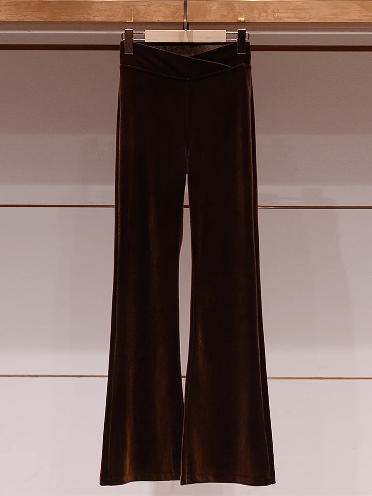 

Brown Velvet High Waist Draped Feel Retro Sle Bell Bot Pants for Women Spring 2025 Commute Ele Simple Design Ladies