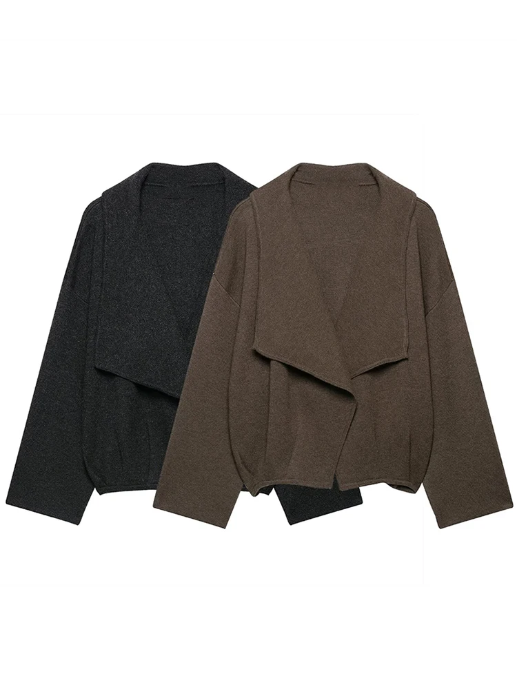 New Women Solid Knit Cardigan Fashion Open-Front Knit Jacket Wide Lapels Long Sleeves Autumn Casual Vintage Loose Outerwear