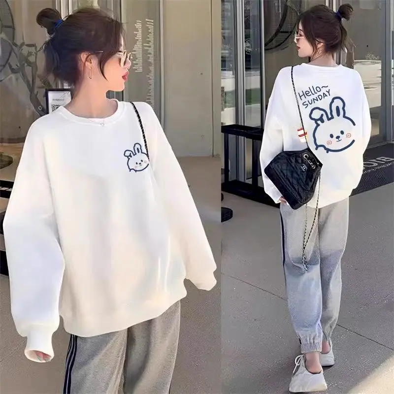 

Белые пуловеры без шапочки-основы, женский пуловер средней длины с медведем, весенне-осенние трендовые топы, корейское свободное тонкое пальто, кавайная футболка с длинным рукавом