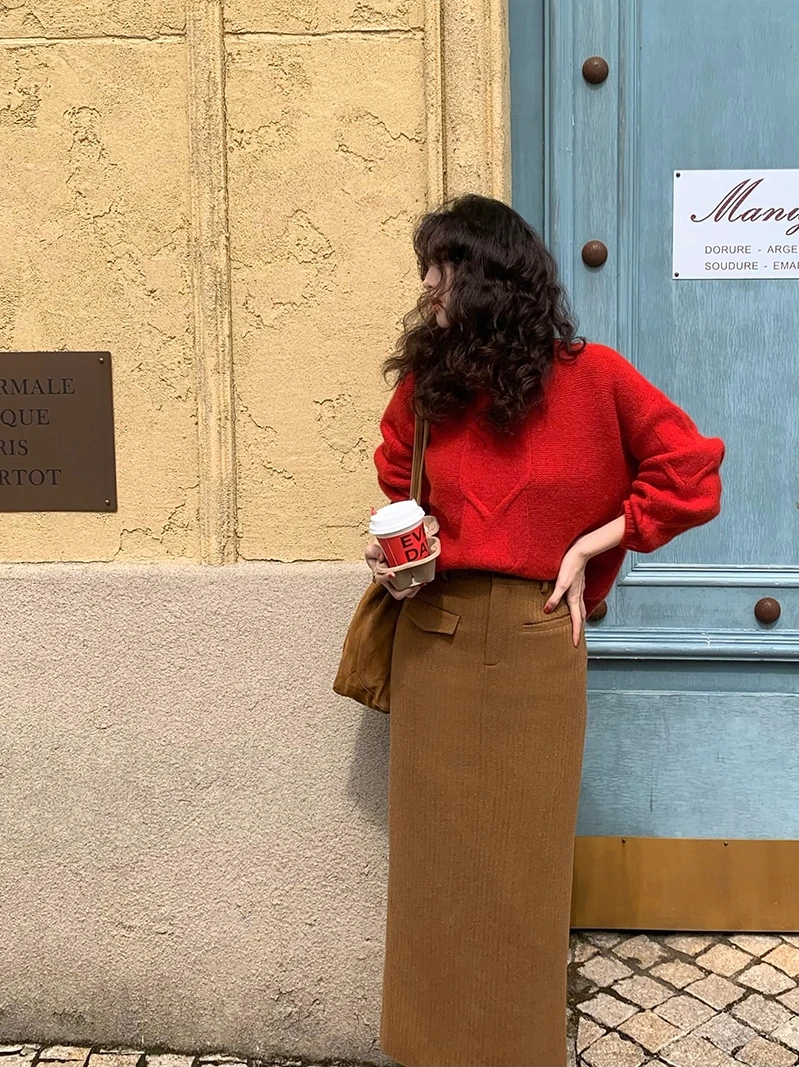 

Шерстяная юбка-карандаш средней длины с высокой талией, утягивающая, весенне-осенняя, женская, модная, с разрезом сзади, для офиса