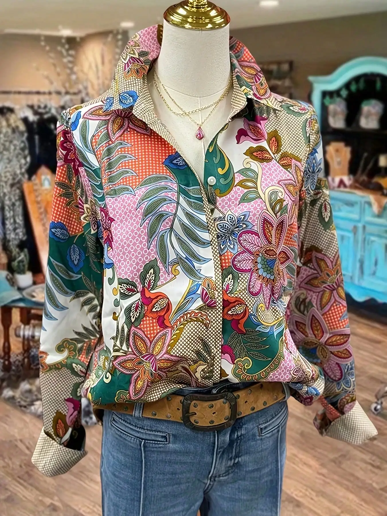 

Vibrant Multicolor Floral Print Collared Long Sleeve Blouse with Patchwork Design