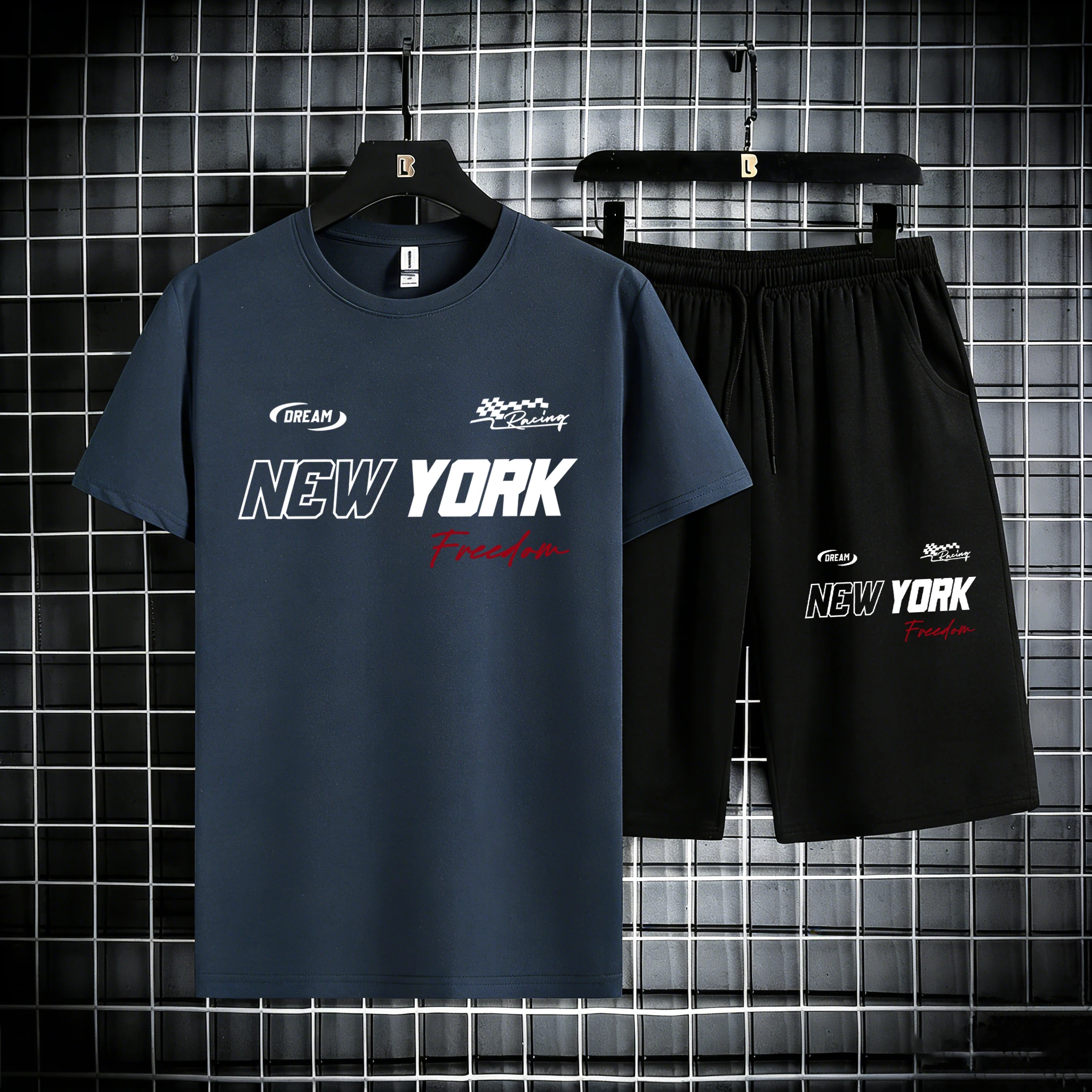 

New York Dream Freedom Letter Pattern Male Cotton Summer Simple Tees & Shorts 2Pc Set Classic Pocket Bottom Cool All-Match Pants