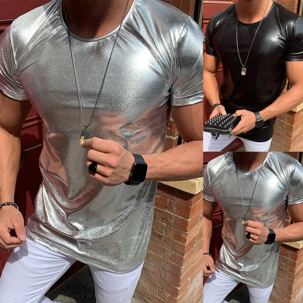 Casual Men\'s Wet Look Faux Leather Short Sleeve T-Shirt Tees Muscle Tops Summer Party Clubwear T Shirt Man Clothing